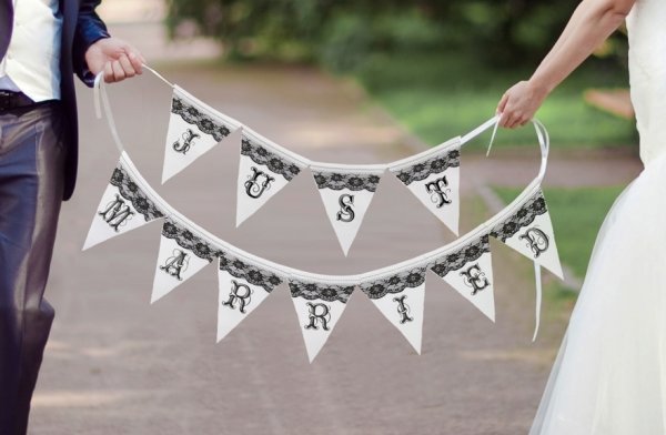 Black & White Just Married Pennant Banner