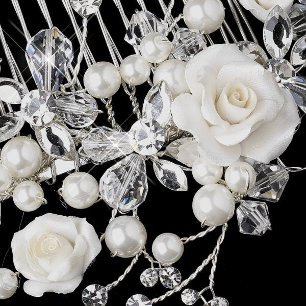 Elegant Ivory Rose Bridal Comb With Crystals & Pearls