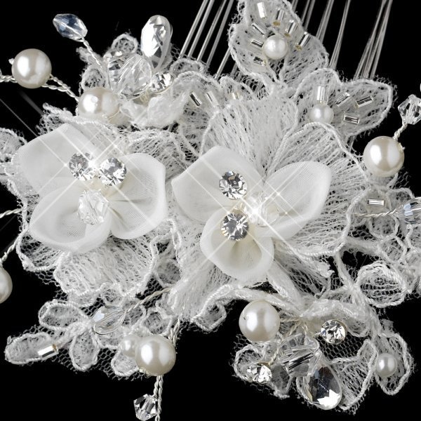 Fabric Flower Bridal Hair Comb With Crystals & Pearls