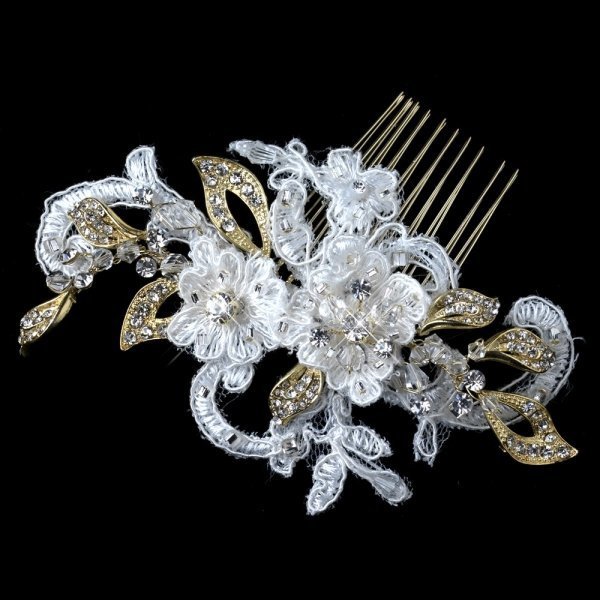 Gold & Ivory Lace Floral Bridal Comb