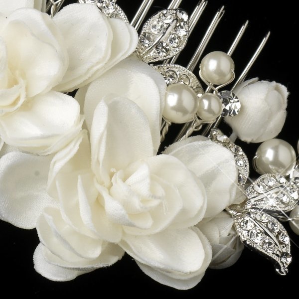 Ivory Floral Fabric Bridal Comb With Pearls