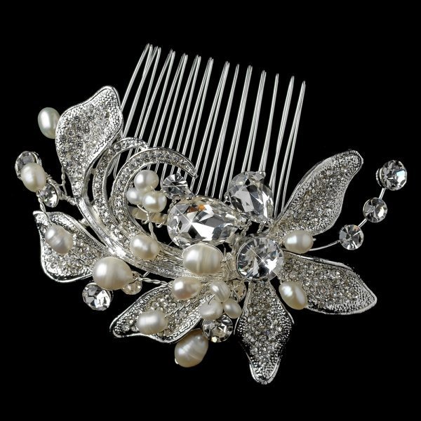 Silver Floral Freshwater Pearl & Rhinestone Bridal Comb