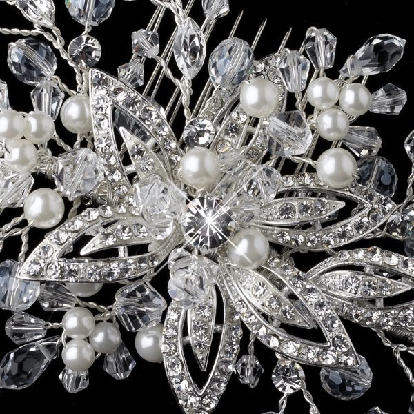 Swarovski Crystal & White Pearl Floral Vine Wedding Hair Comb